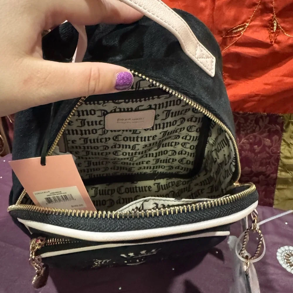 Juicy Couture Black and Light Pink Velvet Mini Backpack with Heart Charm - Picture 8 of 11
